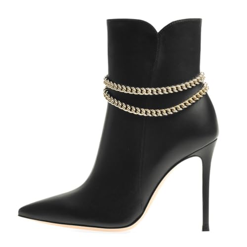 Schwarz,45 EU,Stiefeletten für Damen, Spitze Zehenpartie, Stiletto-Absatz, PU-Leder, Kurze Stiefeletten für den Winter und Herbst mit seitlichem Kettenreißverschluss für Party, Date, Kleid von Generic