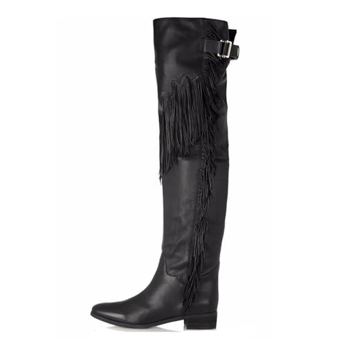 Schwarz,46 EU,Bequeme Overknee-Stiefel für Damen im Herbst, runde Zehenpartie, klobiger niedriger Absatz, Overknee-Stiefel mit seitlichem Reißverschluss, Gürtelschnallen aus PU-Leder, hoher von Generic