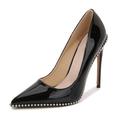 Schwarz,46 EU,Damen-Pumps mit Nieten, Spitze, geschlossene Zehenpartie, High Heel, 12 cm (4,7 Zoll), Party-Stilettos, Slipper, Hochzeits- und Partyschuhe von Generic