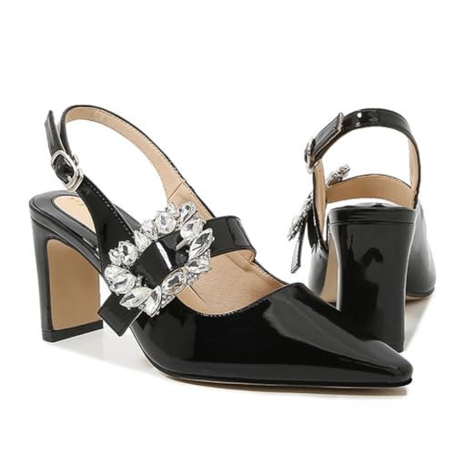 Schwarz,46 EU,Damen-Sandalen mit hohem, klobigem Blockabsatz und quadratischer Schnalle, Slingback-Pumps mit spitzer Spitze und geschlossener Zehenpartie, Hochzeits- und Partyschuhe von Generic