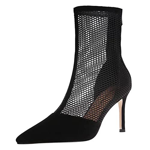 Schwarz Damen 37 Mode Herbst Frauen Stiefeletten High Heel Spitzschuh Mesh Atmungsaktiv Zurück Reißverschluss Bequeme Einfarbig Langlaufski Schuhe Damen von Generic