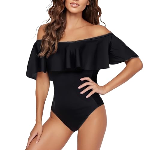 Schwarz Perioden Monokini Damen Rüschen Shoulderfreie Badeanzug Menstruation Auslaufsicher Badebekleidung Trägerloser Einteilige Bademode Swimsuit Bauchkontrolle Strandmode Badeanzüge (Black, XL) von Generic