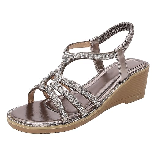 Schwarz Weiße Schuhe Damen Damen-Römersandalen mit Strasssteinen, Sommer-Ethno-Stil, offener Zehenbereich, dicker Boden, Slope-Absatz, Damenschuhe Peu Schuhe Damen (Grey, 36) von Generic