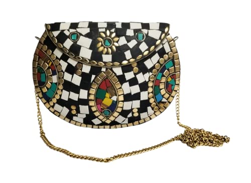 Schwarz und Weiß Damen Mosaik Metall Clutch Crossbody Tasche Bohemian Muster mit goldenem Chip, grün, 7 inch von Generic