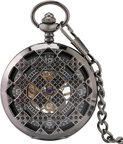 Schwarze, reguläre Rhombus-Taschenuhr mit Hohlziffern, mechanische Taschenuhr, Handaufzugskette, Vollstahl-Taschenuhr für Männer und Frauen (nur Uhr) von Generic