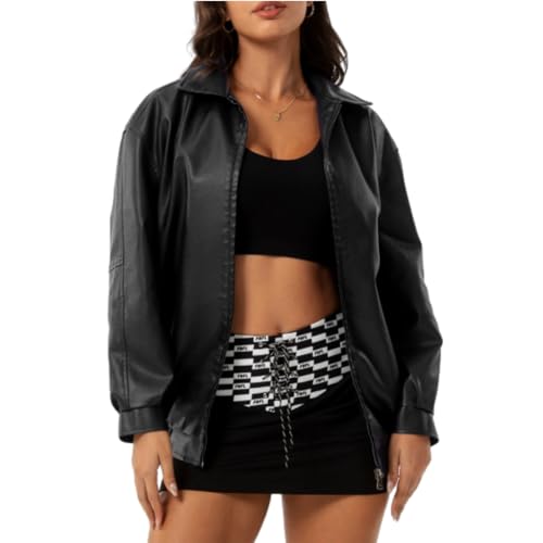 Schwarze Lederjacken Damen Lockere Lederjacken Damen Langarm Reversjacken Damen Lederjacken Kunstlederjacke Für Damen Im Frühling (1,S) von Generic
