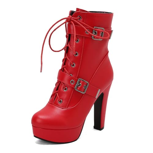 Schwarze Plateau Stiefeletten Aus PU-Leder Für Damen Mit Reißverschluss Schnüren Stiefeletten Mit Doppelschnalle Stämmiger Blockabsatz Punk-Stiefel,Rot,37 EU von Generic