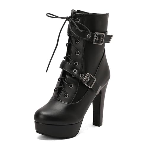 Schwarze Plateau Stiefeletten Aus PU-Leder Für Damen Mit Reißverschluss Schnüren Stiefeletten Mit Doppelschnalle Stämmiger Blockabsatz Punk-Stiefel,Schwarz,38.5 EU von Generic