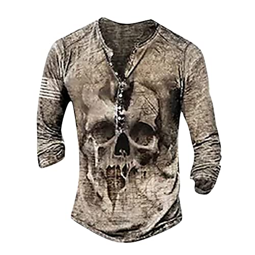 Schwarze Tshirt Herren Kurzarmhemd Herren Herren T Shirt V-Ausschnitt Paisley Druck Knopfleiste Henley Shirt Langarm Klassisch Tactical Shirts Muskelshirts Tshirt Männer (Khaki, S) von Generic