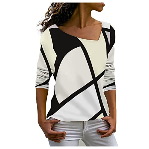 Schwarze t-Shirt weißes t-Shirt Damen Strand Tunika Damen luftig Unregelmäßig Gestreifte Schräge Kragen Langarm T-Shirt Blusen Lose Tunika Hemdbluse Womens Tops (Beige, XL) von Generic