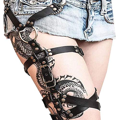 Schwarzes Leder Punk Bein Kette Gürtel Körper Kette Oberschenkel Kette Party Körper Zubehör Schmuck für Frauen Party Maskerade, Einheitsgröße von Generic