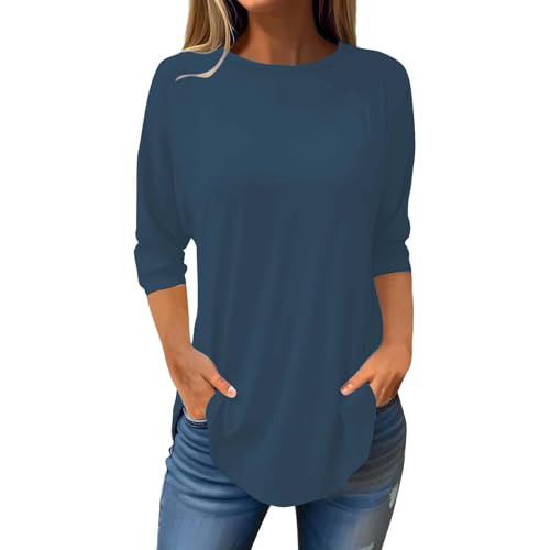 Schwarzes Tshirt Damen 3/4 Arm Oberteile Basic Rundhalsausschnitt Longshirt Große Größen Einfarbig Tunika Lässige Lange Sommershirts Oversize Leicht T-Shirt Sommer Tops Teenager Mädchen von Generic