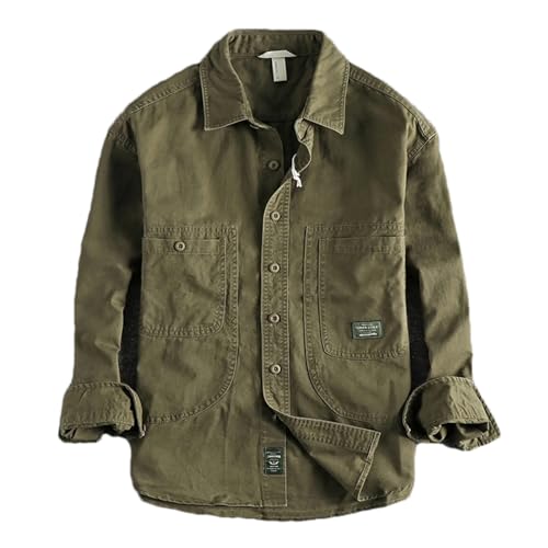 Schweres gewaschenes altes Arbeitshemd für Herren im Cargo-Stil täglich lässig Langarm-Hemdjacke-Army EN8-XXL von Generic