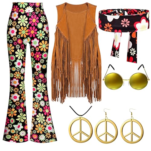 Sechsteiliges Set für Damen, Karneval, 70er-, Hippie-Party, Retro-Kleidung, Quastenweste + Hose + Kopftuch + Ohrringe + Brille + Halskette Yoga Bekleidung Damen (Black, L) von Generic