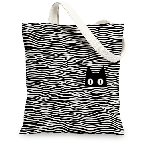 Segeltuchtasche mit Katzen-Motiv, stilvolle wiederverwendbare Schultertasche mit schwarz-weißen Streifen, Schwarz, 13x15 Inch von Generic
