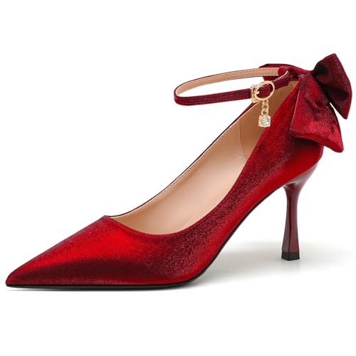 Seiden Brautschuhe Mit Rücken Schleife & Kristallanhänger 5cm Stöckelabsatz Satin rutschfeste Sohle Hochzeitsfeier,Burgundy,41 EU von Generic