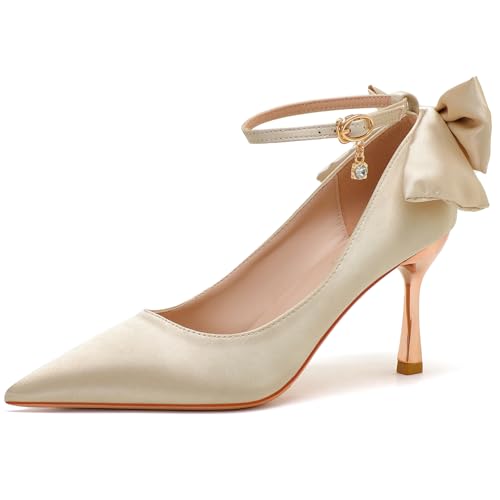 Seiden Brautschuhe Mit Rücken Schleife & Kristallanhänger 5cm Stöckelabsatz Satin rutschfeste Sohle Hochzeitsfeier,Champagne,35 EU von Generic
