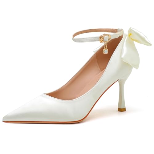 Seiden Brautschuhe Mit Rücken Schleife & Kristallanhänger 5cm Stöckelabsatz Satin rutschfeste Sohle Hochzeitsfeier,Weiß,41 EU von Generic