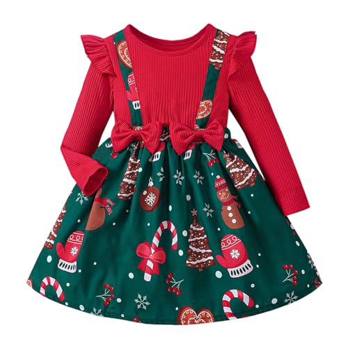 Seidenkleid für Kleinkind Kleinkind Kinder Baby Mädchen Weihnachtskleidung Langarm Santa Rentier Gestreiftes Kleid Rüschenkleid Kleid Weihnachten (Red, 3-4 Years) von Generic