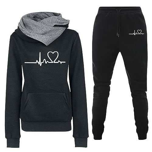 Senioren Hausanzug Damen Casual Sportswear Set Heartbeat Print Hoodie Sweatshirt Trainingsanzug (Black, XXL) von Generic