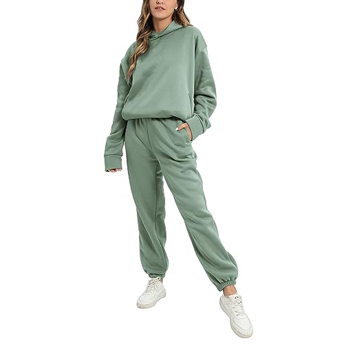 Set Damen Herbst Winter Hoodie Jogginganzug Frauen Sport Zweiteiler Einfarbig Langarm Top Lang Hosen Sportswear 2 Teilig Freizeitmode verdickt Trainingsanzug (Grün, L) von Generic