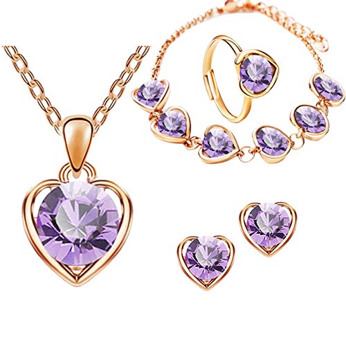 Set Kristall-Armband Herz vier Halskette Ohrringe Ring Modeschmuck Sets Schmuck Koffer, violett, Einheitsgröße von Generic