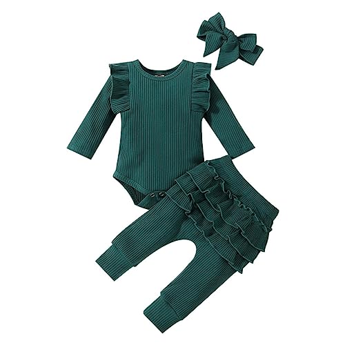 Set für 2-Jährige Mädchen Kleinkind Mädchen Langarm Gerippte Rüschen Overalls Und Hosen mit Schleifen Casual Frühling Und Baby Kleidung Set Maus Hose (Green 6-12 Months) von Generic