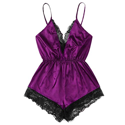Sexy Body für Damen, Träger, tiefer V-Ausschnitt, Spitzenbesatz, Satin, einteilig, weich, bequem, elegant, Teddy-Dessous, Nachtwäsche, Purpur, L von Generic