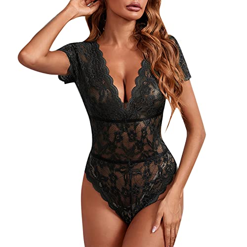 Sexy Damen Damen Spitze V-Ausschnitt Bodysuit Unterwäsche Tanga mit Strumpfband Dessous Set Spitze Strumpfband Strumpf Set (03A-Schwarz, S) von Generic