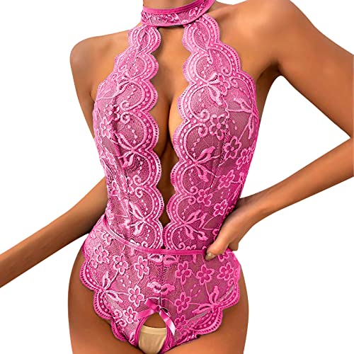 Sexy Damen Damen Spitze V-Ausschnitt Bodysuit Unterwäsche Tanga mit Strumpfband Dessous Set Spitze Strumpfband Strumpf Set (03D-Hot Pink, S) von Generic