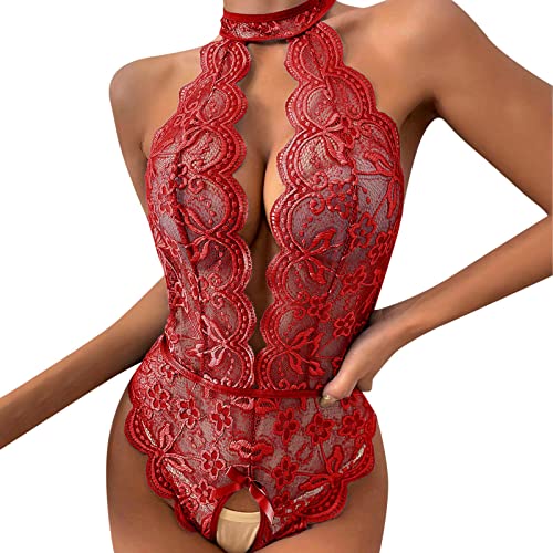 Sexy Damen Damen Spitze V-Ausschnitt Bodysuit Unterwäsche Tanga mit Strumpfband Dessous Set Spitze Strumpfband Strumpf Set (03D-Rot, L) von Generic