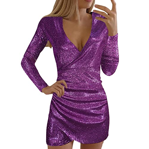 Sexy Damen Pailletten Partykleid Abendkleid Ballkleid V-Ausschnitt Glänzend Paillettenkleid Elegante Enges Minikleid Clubwear Kurz Wickelkleid Festliche Kleider (Violett, M) von Generic