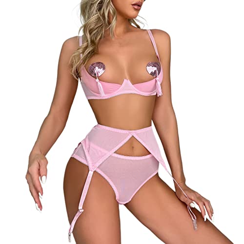 Sexy Dessous Damen,Spitze Strapsen Reizwäsche Set 3-teiliges BH und Tanga und Strumpfhalter Lingerie Strapsgürtel Beinschlaufen Seile Unterwäsche für Sex Sexy Transparent Erotische Dessous von Generic