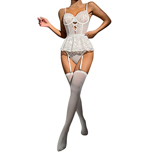 Sexy Dessous Damen FüR Sex, Damen Dessous Body Strapse Sexy Unterwäsche Spitze Reizwäsche Bodysuit Nachtwäsche Teddy Lingerie mit Strumpfhalter Transparent Erotisk EIN Stück Negligee von Generic