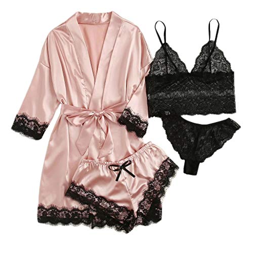 Sexy Dessous Damen f체r Sex, Damen 4 St체cke Sets Leopard Morgenmantel Kimono Dessous Set Satin Pajama Spitze Robe BH und Unterhose f체r Braut Nachtw채sche Sexy Babydoll Reizw채sche von Generic