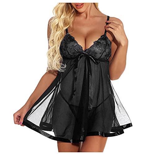 Sexy Dessous Damen für Sex, Damen Spitze Negligee Dessous Kleid V-Ausschnitt Babydoll Lingerie Kleid Nachtwäsche Set Nachtkleid mit G-String Reizwäsche Sleepwear Unterwäsche Set Große Größen von Generic