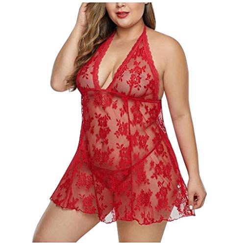 Sexy Dessous Damen für Sex, Mollig Damen Spitze Negligee Dessous Kleid Neckholder Große Größe V-Ausschnitt Babydoll Kleid Lingerie Nachtwäsche Set Nachtkleid Reizwäsche Sleepwear mit G-string von Generic