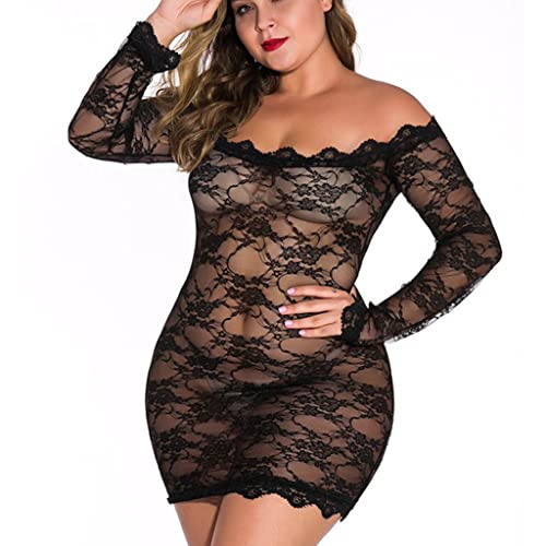 Sexy Dessous Damen für Sex, Mollig Damen Spitze Negligee Dessous Kleid Neckholder Große Größe V-Ausschnitt Babydoll Kleid Lingerie Nachtwäsche Set Nachtkleid Reizwäsche Sleepwear mit G-string von Generic