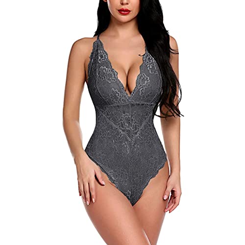 Sexy Dessous Damen für Sex, Sexy Body Dessous Damen Babydoll Body Damen Sexy Satin Spitze Unterwäsche Teddy Bodysuit Tiefer V-Ausschnitt Reizwäsche One Piece Erotische Lingerie Negligee von Generic