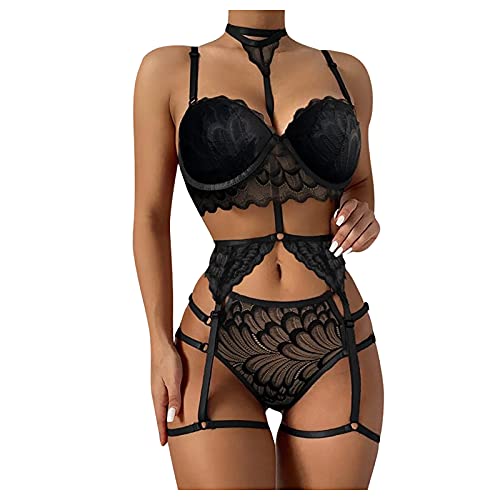 Sexy Dessous Sets Damen Blumenspitze BH + Panty + Strumpfhalter Für Frauen Starker Halt V Ausschnitt Ouvert Erotiek Wäsche Offen Babydoll Nachthemd Pyjama Curvy Reizwäsche Für Sex Damen Set von Generic