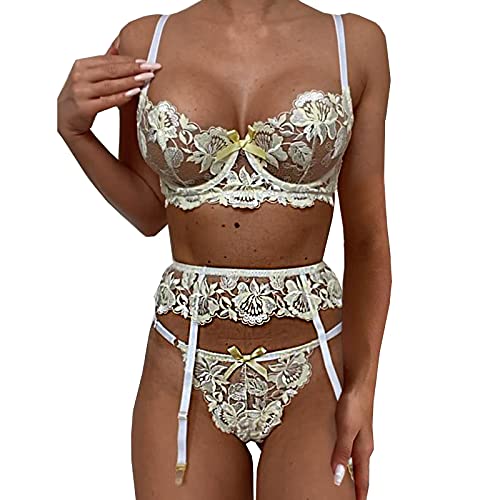 Sexy Dessous Sets Damen Blumenspitze BH Und Panty Set Mit Strumpfhalter Starker Halt V Ausschnitt Ungefüttert Bralette Nachtwäsche Erotik Reizwäsche Curvy Dessous Damen Sexy Unterwäsche Set von Generic