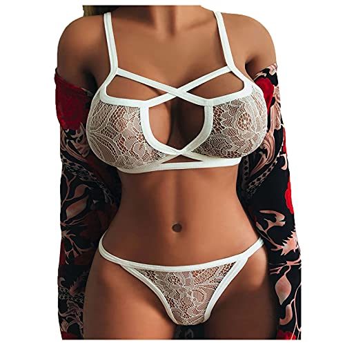 Sexy Dessous Sets Damen Blumenspitze Riemchen BH Und Höschens Mit Strümpfen Tiefer V-Ausschnitt Ouvert Erotiek Wäsche Offen Babydoll Nachthemd Pyjama Curvy Reizwäsche Damen Set BH Und Slip von Generic