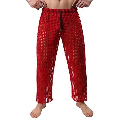 Sexy Männer Herren Hose Netz Transparent Lang Unterhosen Jogginghose Mesh Unterhosen Männer Durchsichtige Unterwäsche Atmungsaktiv Tangaslip Party Clubwear Rot L von Generic