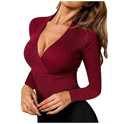 Sexy Pullover Damen Langarm-Wickel Strickpullover Herbst Winter Langarmshirt Frauen|Slim Fit Tiefer V-Ausschnitt Oberteile Damen Warm Sanft Elastisch Gerippten Sweatshirt Wickelpullover von Generic