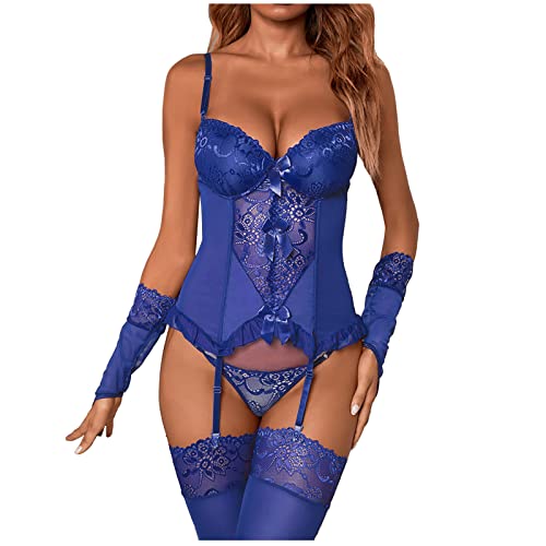 Sexy Wäsche Dessous Dessous fünfteiliges Set sexy Unterwäsche mit Socken und Handschuh Dessous Blaue Corsage (Blue, S) von Generic