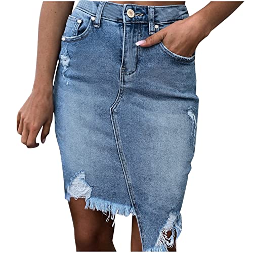 Sexy klassischer blauer Damen-Knöpfe-Taschen zerrissener Jeansrock Jeansrock Knielang (Blue, S) von Generic