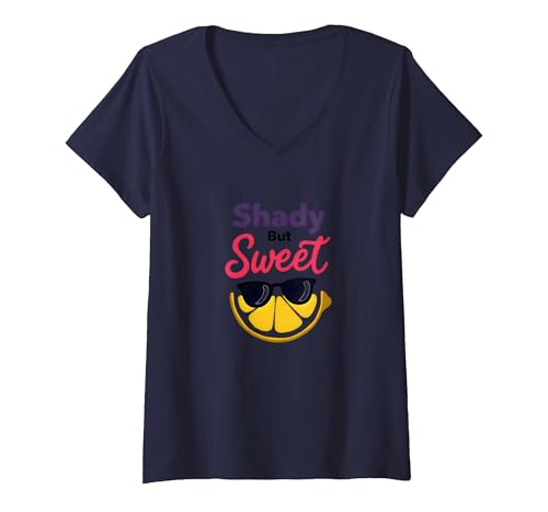 Shady Bunch: Shady But Sweet Lemon Sonnenbrille Summer Humor T-Shirt mit V-Ausschnitt, Damen, Marineblau, XXL von Generic