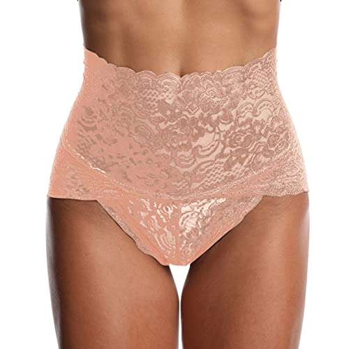Shapewear Damen Miederslip Spitze Tanga Mittle Taille Bauchweg Unterbauch Kontrolle String Shaping Unterwäsche Figurformender, Beige+Schwarz von Generic
