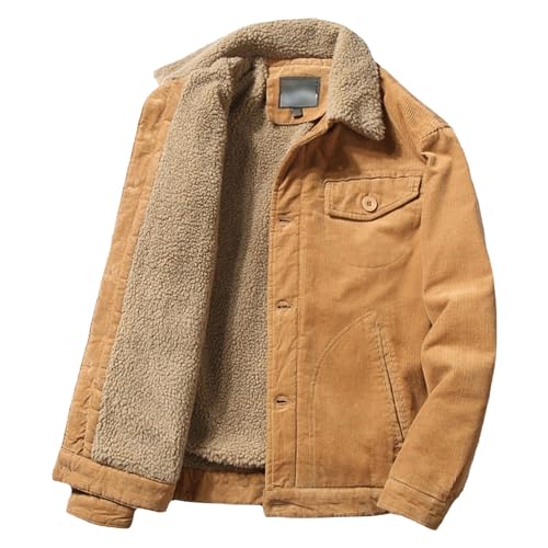 Sherpa-gefütterte Baumwoll-Cordjacke für Männer Fleecejacken mit Revers und Knopfleiste Warm gefütterte Wintermäntel (Khaki,6XL) von Generic