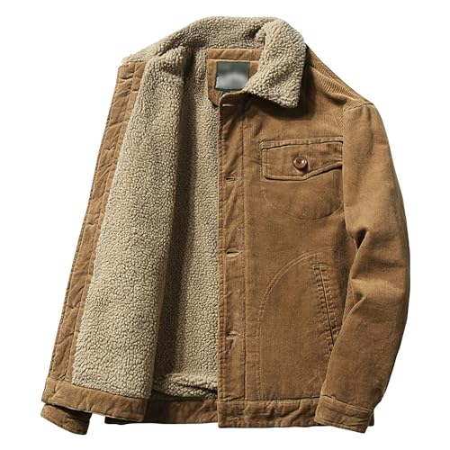 Sherpa gefütterte Herren-Cordjacke Button Down Pelzkragen Fleece Freizeitjacke Thermo-Cargo-Baumwolljacke (Kaffee,L) von Generic